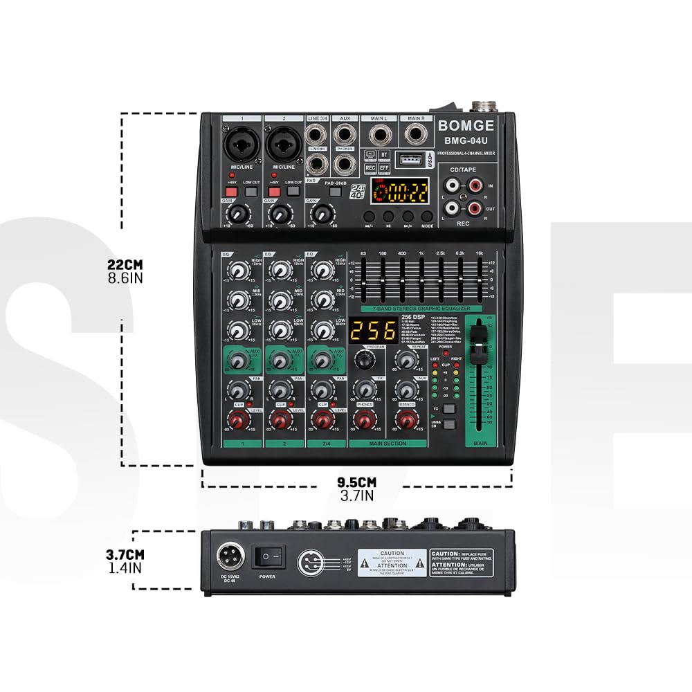 BOMGE - Mixer audio DJ professionale, DJ mixer a 4-8 canali, mixer audio Bluetooth, supporta ingresso computer USB/MP3/BT, 256DSP, alimentazione phantom da 48 V adatto per registrazione di streaming