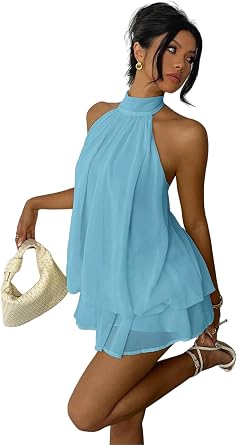 Womens Mini Backless Halter Flowy Summer Dress Ruffle Sleeveless Short Sundess A Line Cute Dresses for Womens