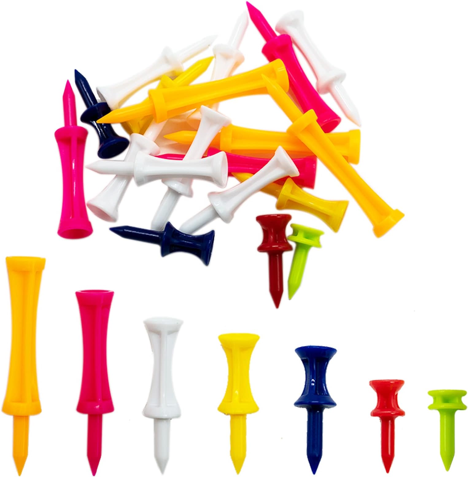 EASYKEENECOM Golf Tees Plastic, 70 Pcs Mixed Sizes Castle Golf Tees,Golf Tees Plastic in Multiple Colors(5mm, 32mm, 39mm, 45mm, 51mm, 59mm, 70mm)