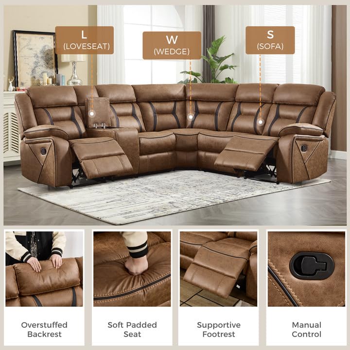Image of EBELLO Faux Leather Reclining Sectional Sofa Set for Living Room, 1 Recliner Chair and L-Shaped Reclining Couches Home Furniture Set with Center Console, Hidden Cup Holders and Storage, Brown