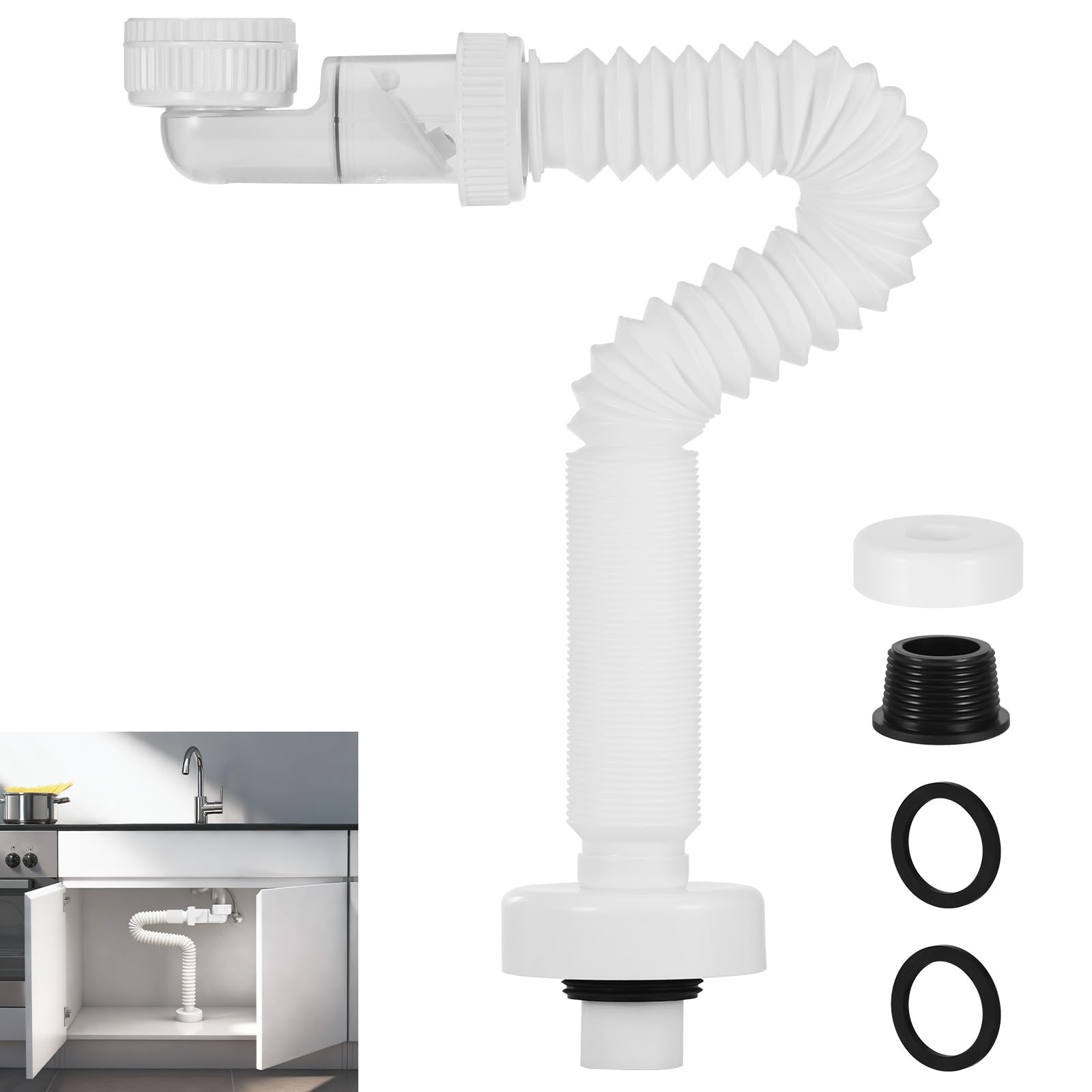 Starvortex Sifone Lavabo Bagno Flessibile, 1 1/4" Sifone Lavello Salvaspazio, Scarico Lavabo Sostituibile, Antiodore Sifone, Tubo Scarico Lavandino Estensibile 320-780mm per Bidet Cucina Bagno, Bianco