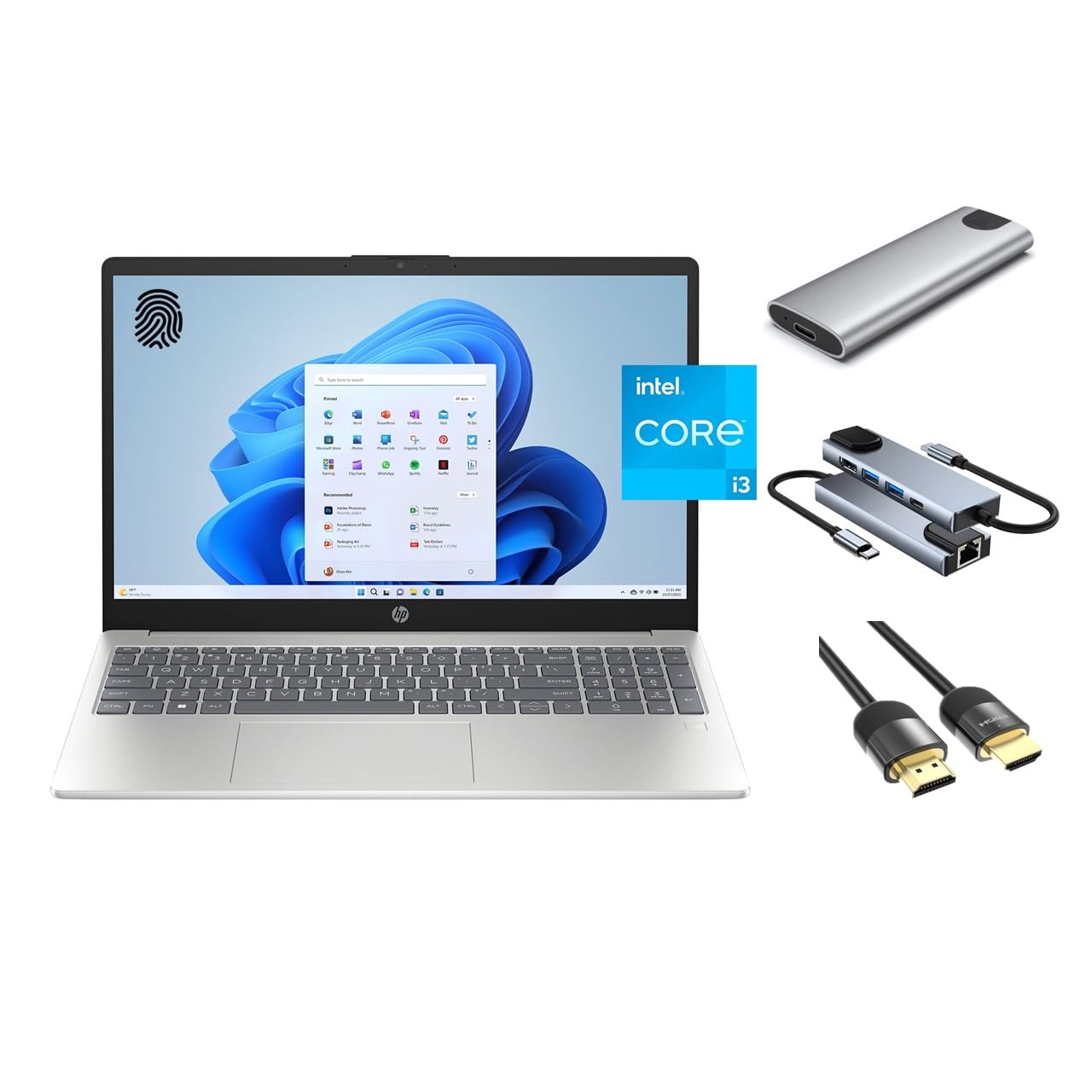 HP Daily Essential Laptop, 15.6" FHD, 8-Core Intel i3-N305 (Beats i5-1135G7), 32GB RAM, 1TB SSD + 256GB Portable SSDe, FP Reader, Webcam, KeyPad, WiFi 6, 3-in-1 External Storage Bundle, Win 11