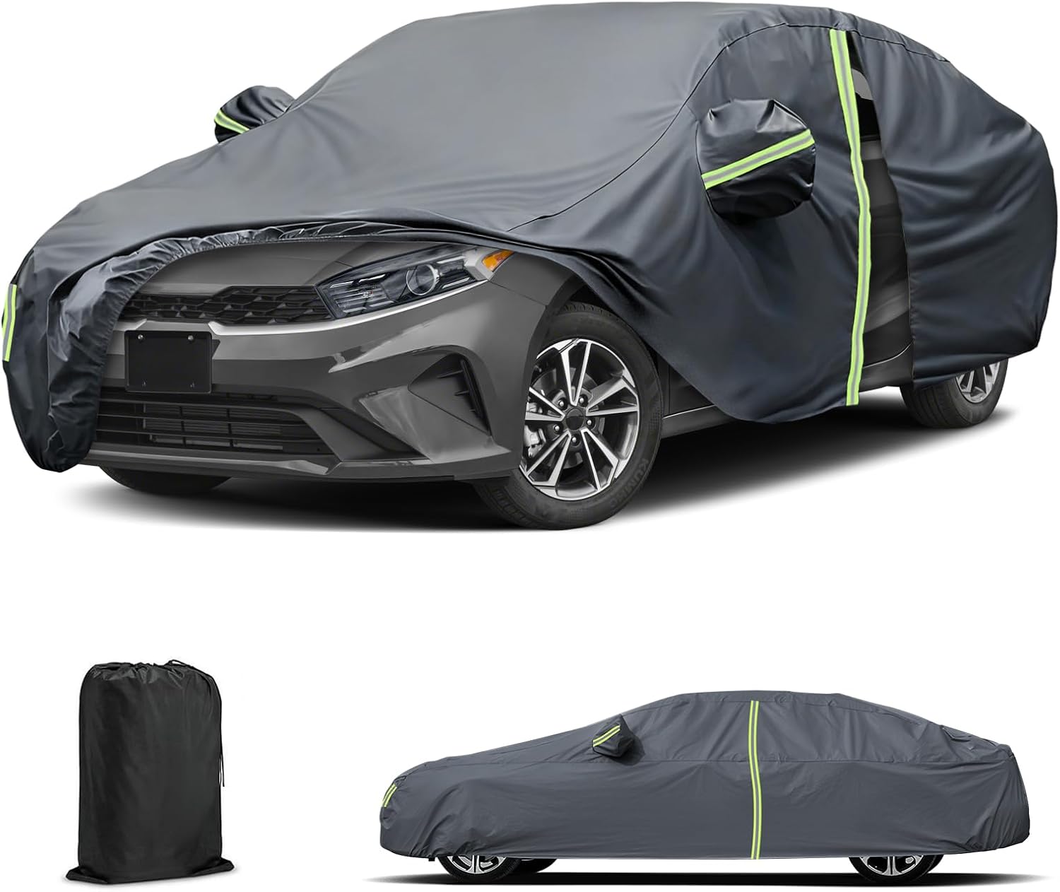 Waterproof Car Cover for Kia Forte 2010-2024, All Weather Car Cover with Zipper Door & Windproof Bands, Full Exterior Covers for Rain Snowproof UV Windproof Protection