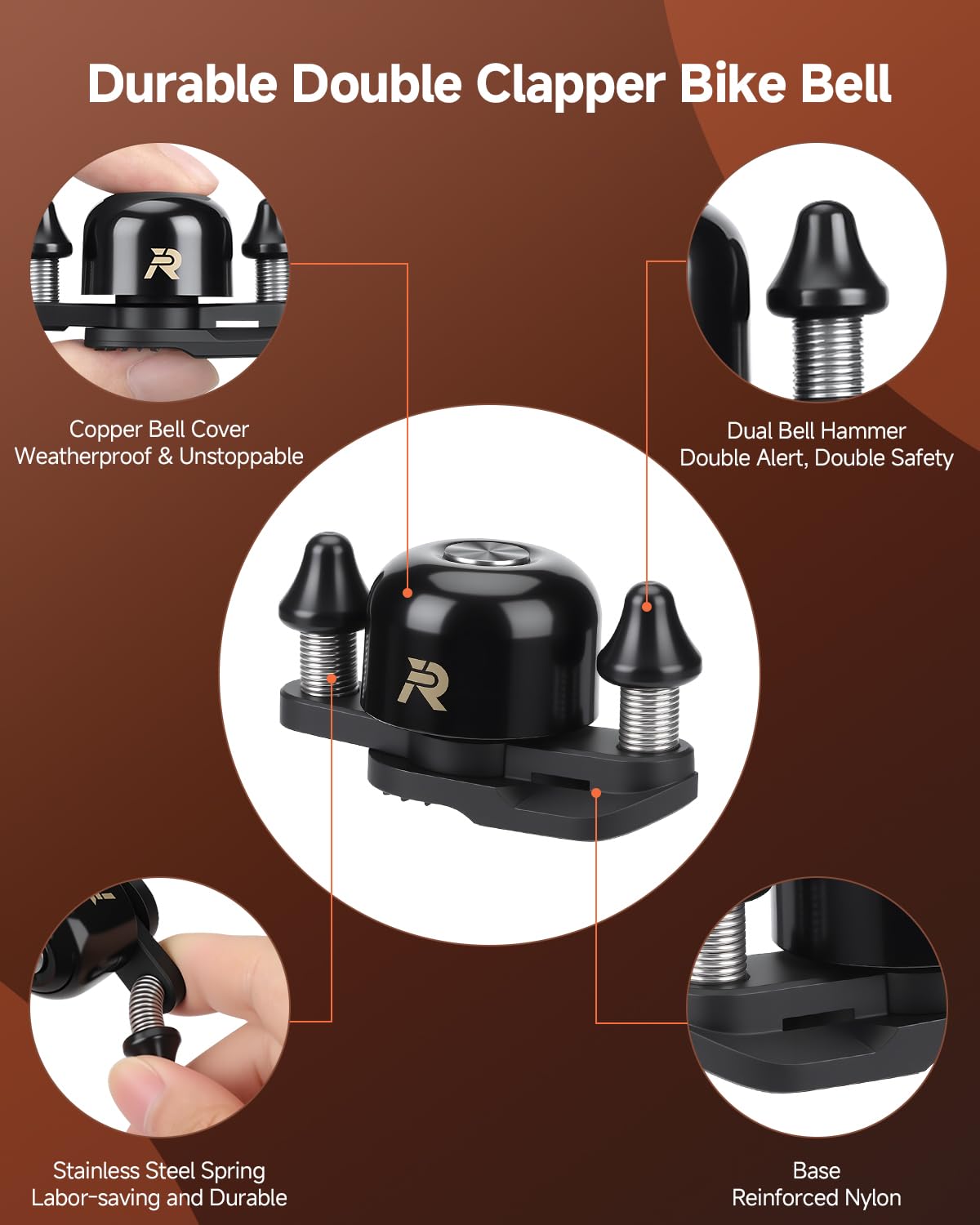 Timbre de bicicleta fuerte para manillar, timbre de bicicleta de cobre ajustable de doble tono para adultos con 100 dB fuerte, ajuste universal para bicicletas de carretera/bicicletas de