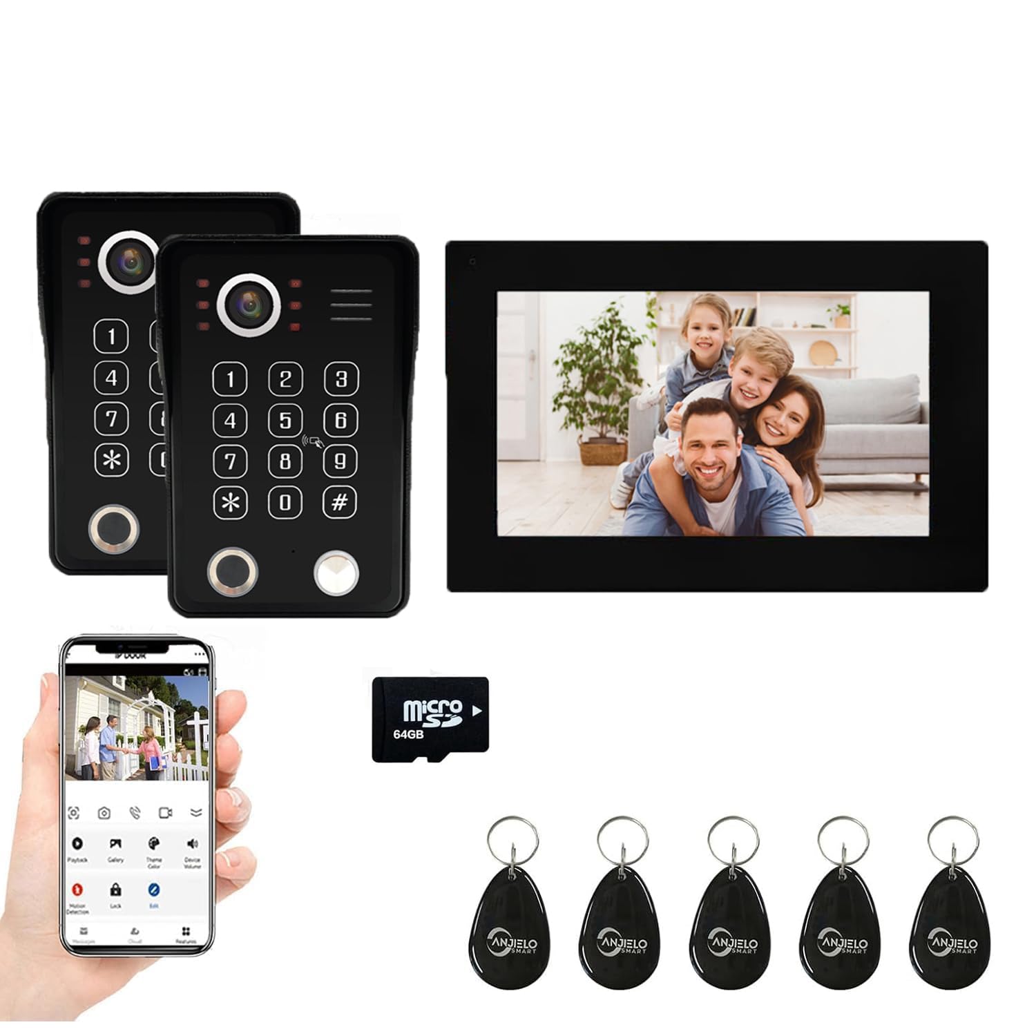 ANJIELO SMART Kamera wideodomofonowa, 1080P HD, wideodomofon, monitor WiFi 17.8 cm, noktowizor, nagrywanie, dźwięk 2-drożny, odblokowanie 5 w 1, do mieszkań domowych (2 dzwonki do drzwi + 1 monitor)