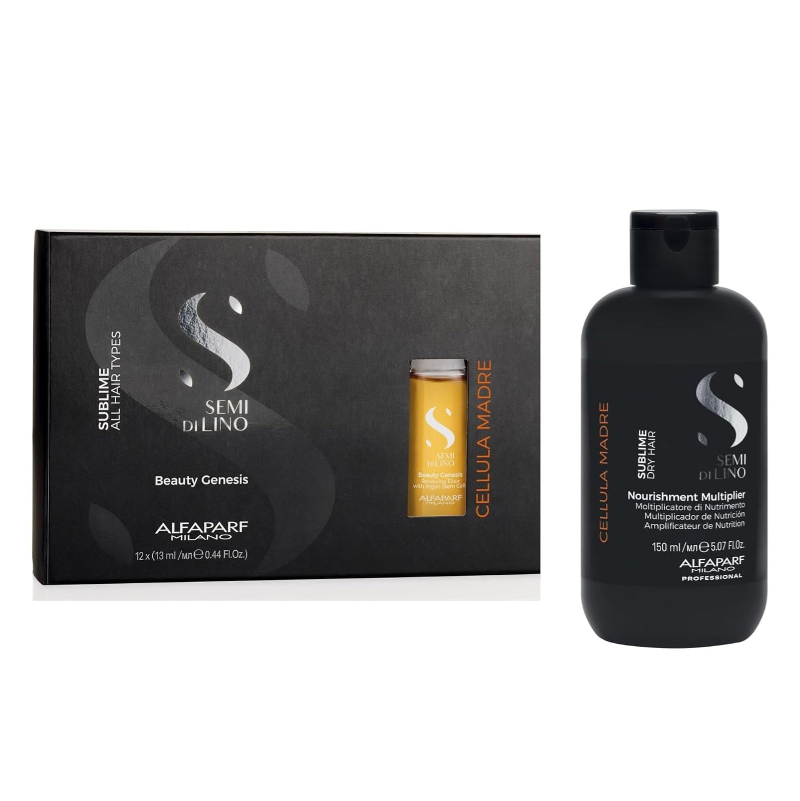 Semi di Lino Cellula Madre Beauty Genesis and Nourishing Multiplier Set for Dry Hair - Nourishes Hair - Protects Color - Adds Shine - Protects and Enhances Cosmetic Color