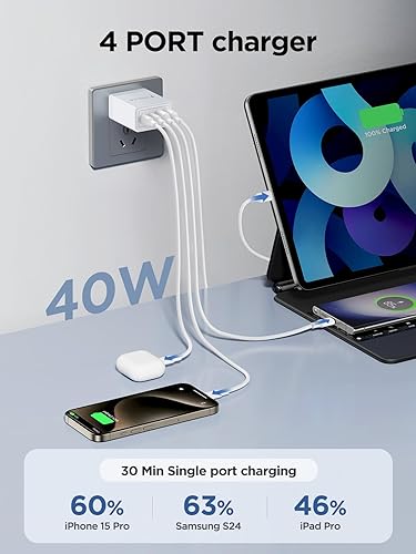 Miniatura 2 de Paquete de 2 Cargador de pared USB C, bloque de carga rápida de 40 W, 4 puertos, adaptador de corriente QC+PD 3.0 de doble puerto, enchufe de pared