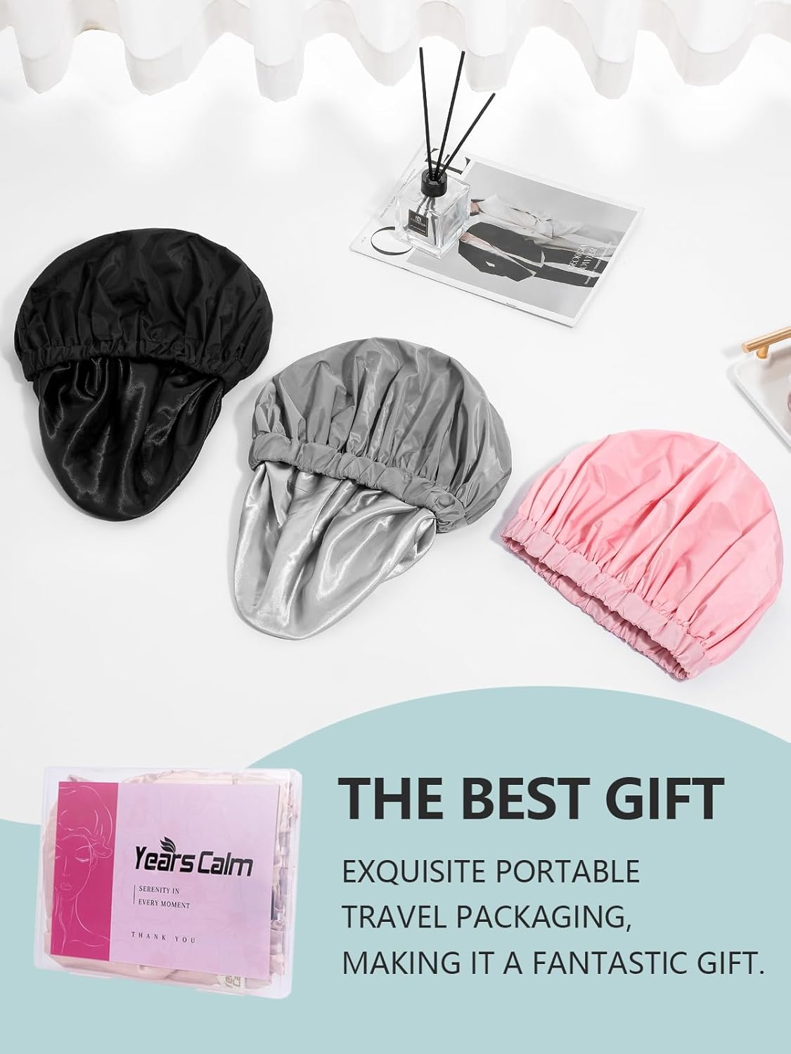 Years calm Reusable Waterproof Shower Caps for Women, Hair Caps for Showers, Double-Layer Elastic Design, for All Hairstyles, Travel-Friendly (black) - Image 9