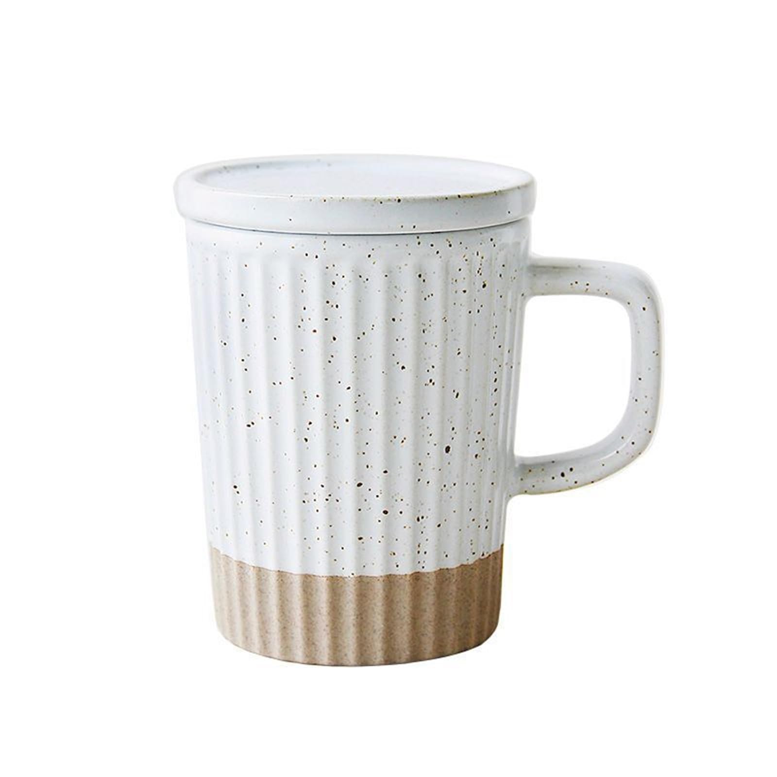 HLHLOP777 Coffee Mugs Vertical Pattern Mug with Lid Ceramic Simple Sesame Glaze Coffee Cup Coffee Cup(White)