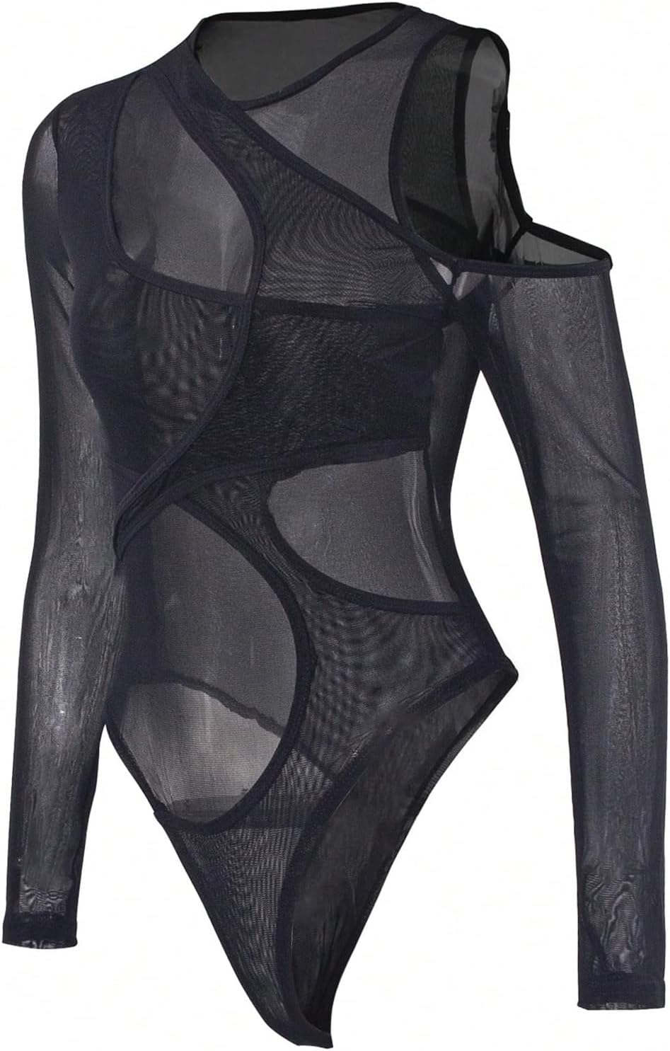 MakeMeChic Women's Y2K Cut Out Mesh Sheer Bodysuits Long Sleeve Round Neck Tee Shirt Asymmetrical Top - Image 2