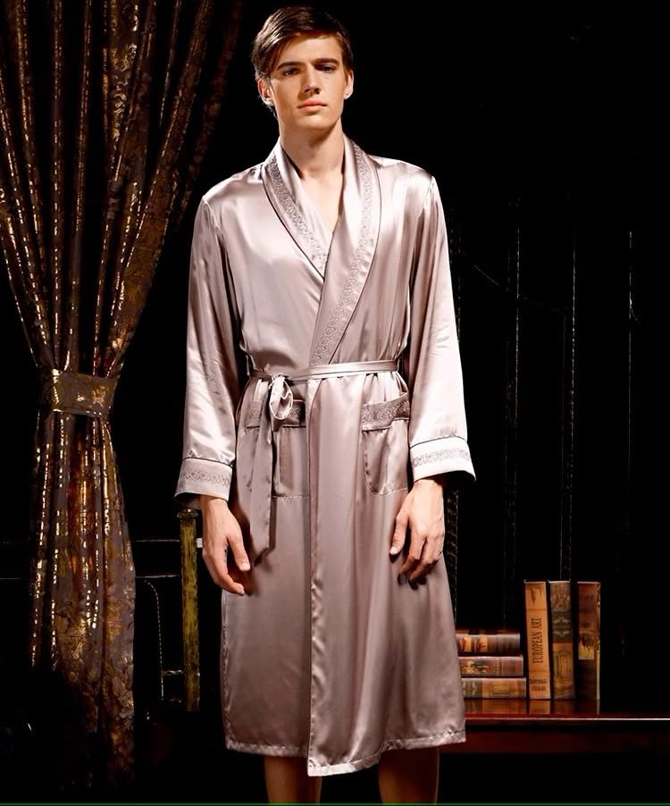 Image of Men's 100% Mulberry Silk Long Robe Kimono Paisley Print Bath Robe, Heavy Silk 19 Momme Dressing Gown
