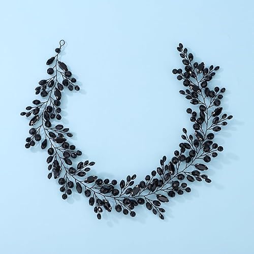 Teyglen Black Crystal Bride Wedding Hair Vine Bridal Black Rhinestone Headband Vintage Headpieces Handmade Black Rhinestone Beads Hair Pieces Hair Accessories for Women Girl