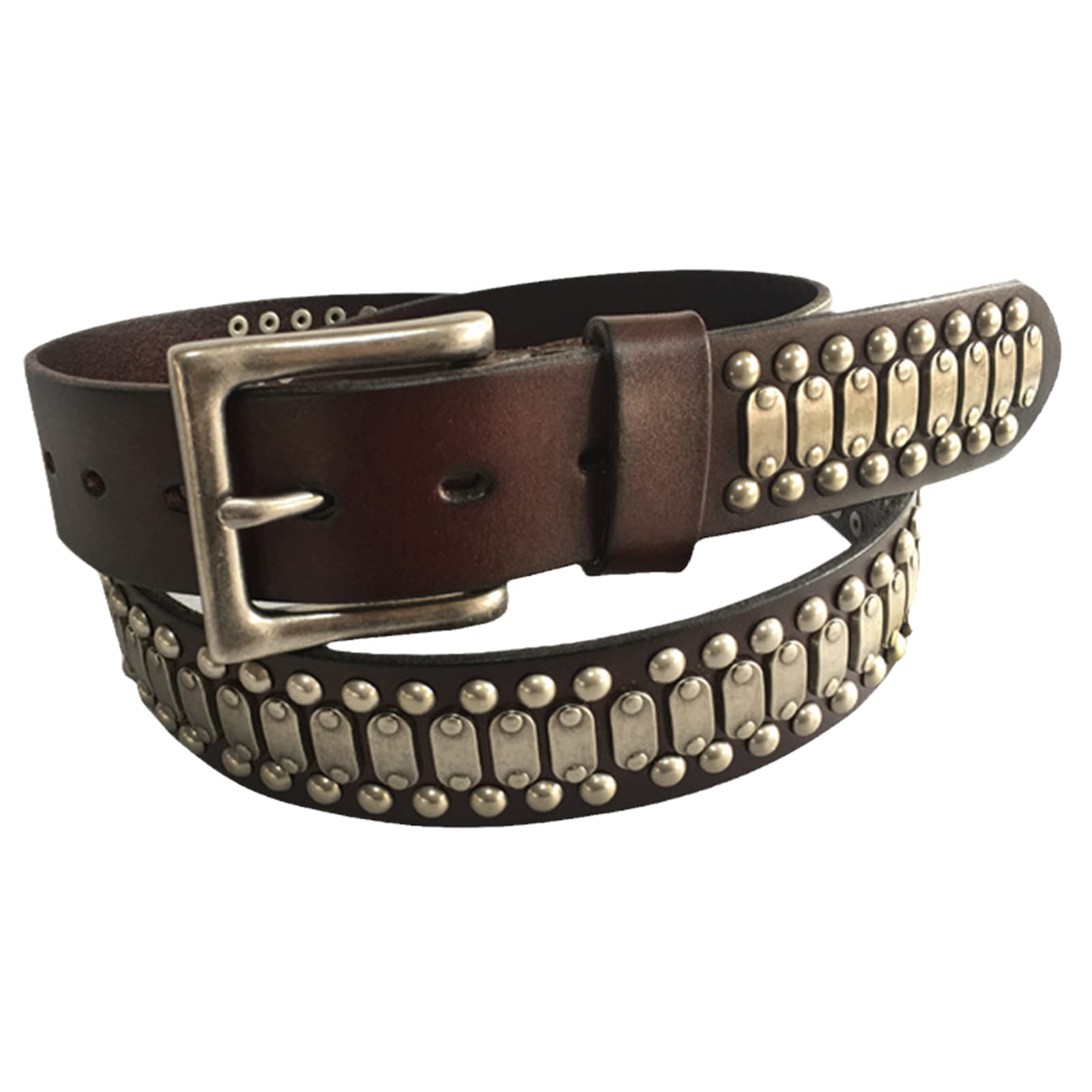 Damen Herren Gürtel Echtleder Leder 3 Reihen Runde Nieten Ledergürtel Mit Legierung Schnalle Dornschließe L Gürtel Für Jeans, Hosen, Gothic, Punk, Rockwear,Kaffee,115cm/waist:38"~40"
