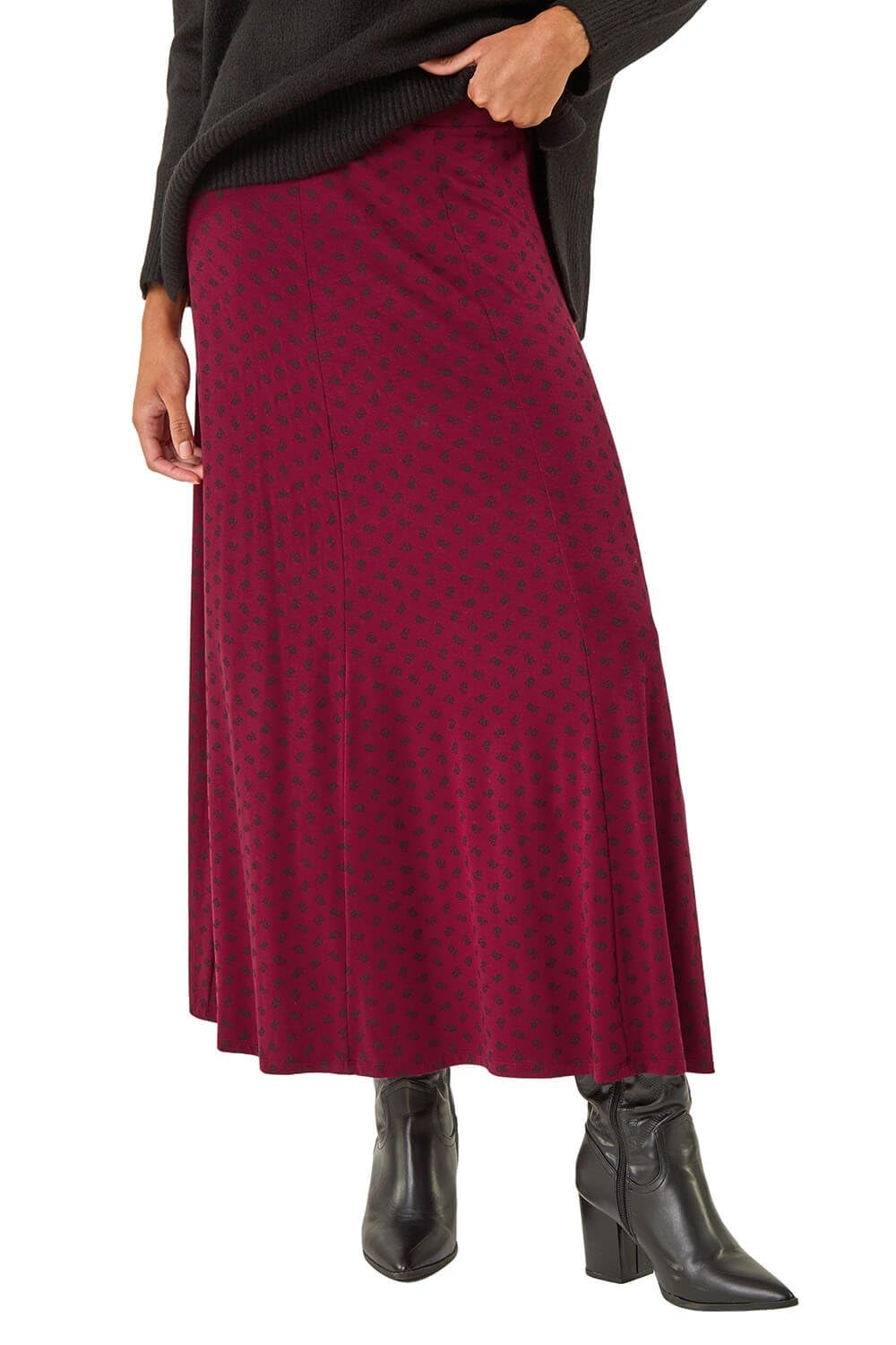 Roman Women's Burgundy Ditsy Floral Print Stretch Midi Skirt In Size 14