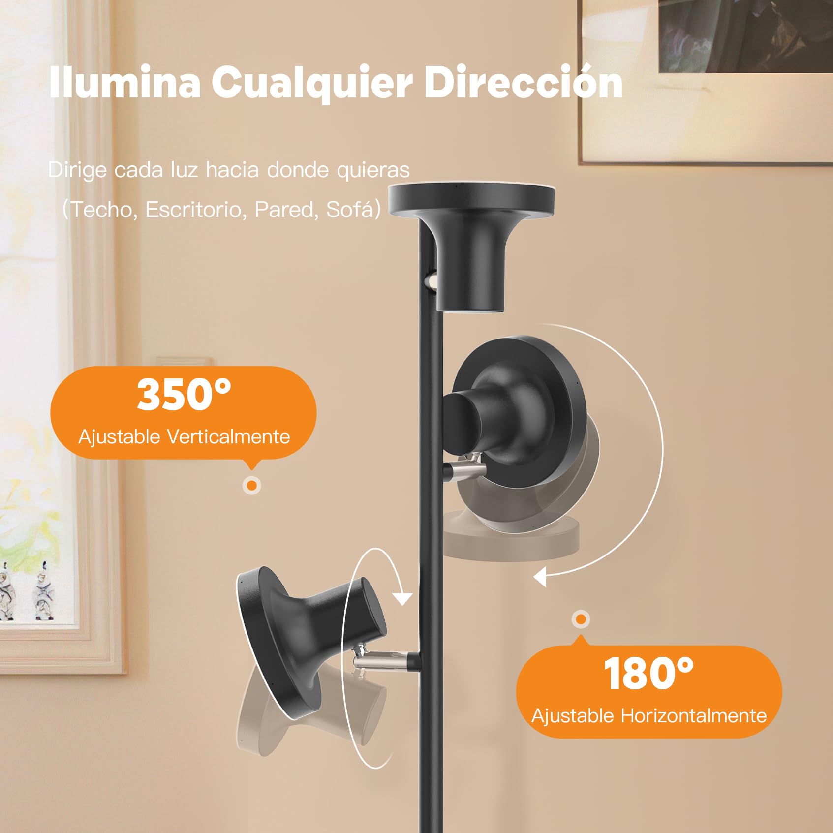 SIBRILLE Lampara de Pie Salon 36W/2500LM, Lámpara de Pie LED Regulable con Mando a Distancia & Control Táctil, 4 Temperaturas de Color, 3 Luces Giratorias Luz de Pie para Salón, Habitación y Oficina