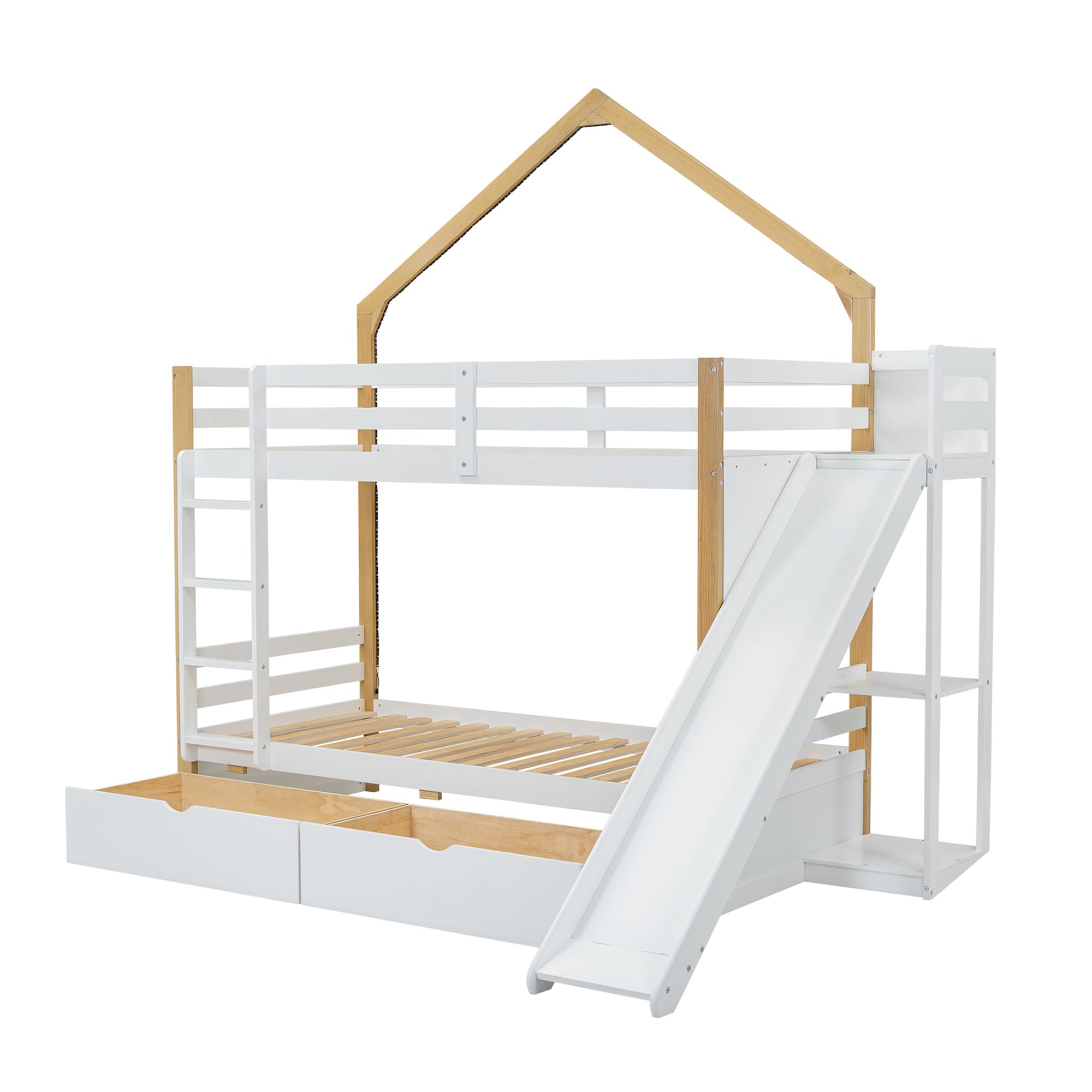 Kinder-stapelbed 90×200 Cm - Ontwerp Met Veiligheidshek - Met 2 Laden Veiligheidsladder Wit