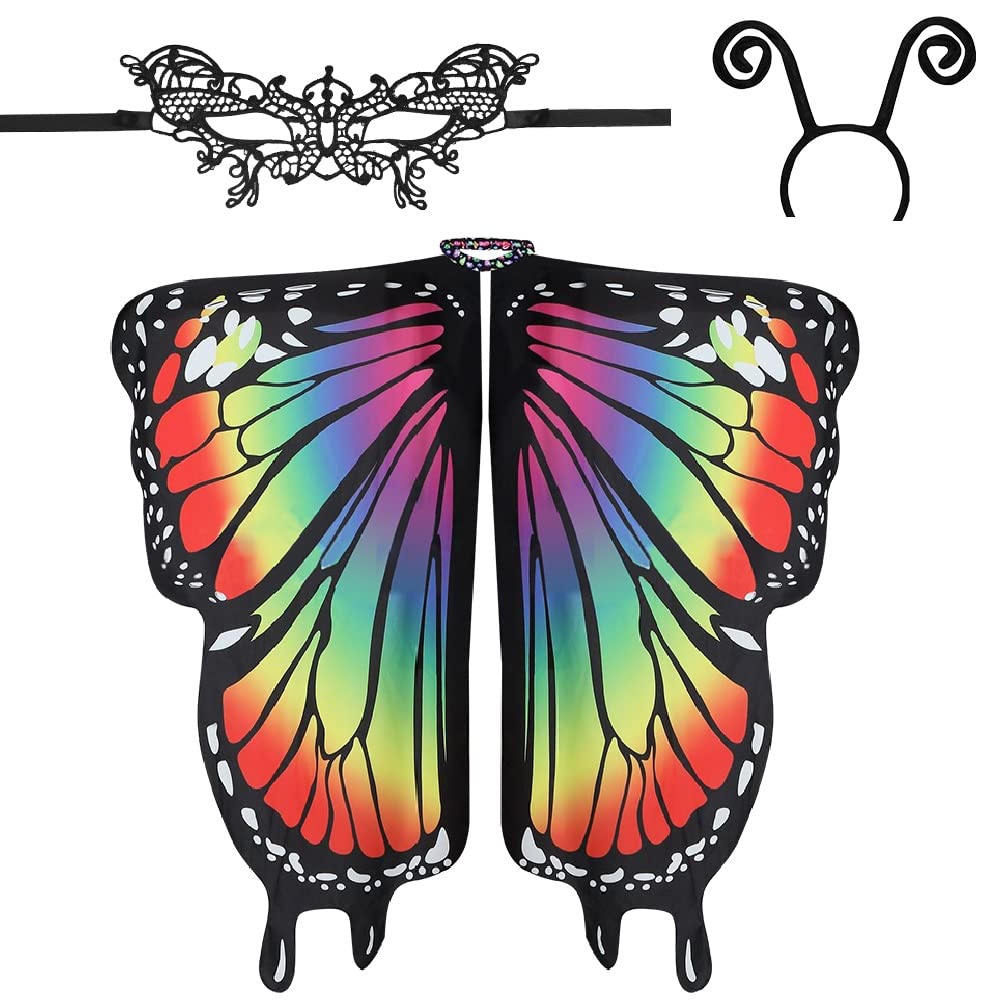 EMAGEREN Chal de Alas de Mariposa Disfraz Mariposa para Mujer Alas de Mariposa Mujer Disfraz Traje de Mariposa de Tela Suave con Máscara y Diadema para Carnaval/Pascua/Fiesta/Baile - Multicolor