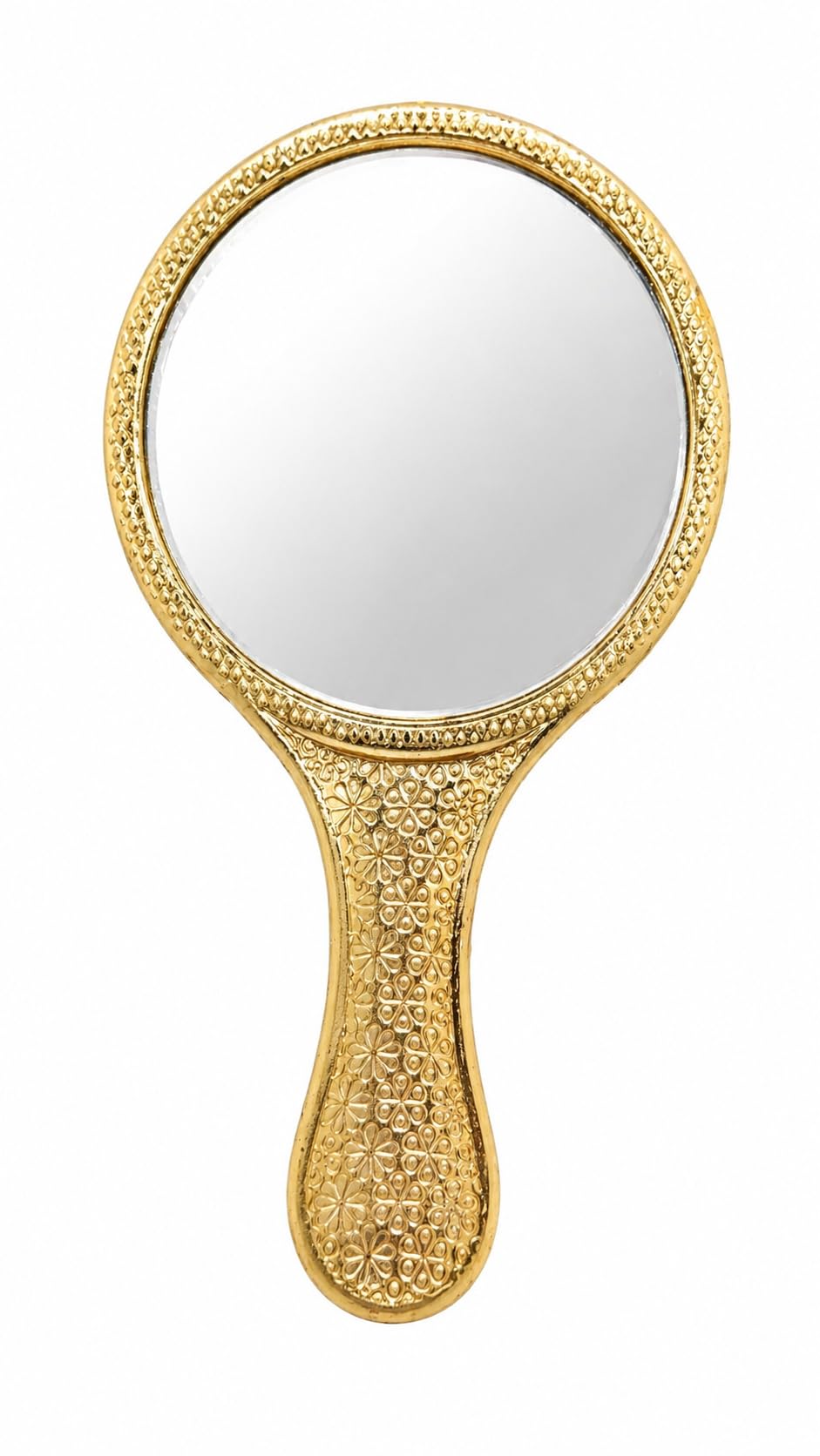 vintage golden handheld mirror | antique embossed design | portable hand mirror | dressing table accessory