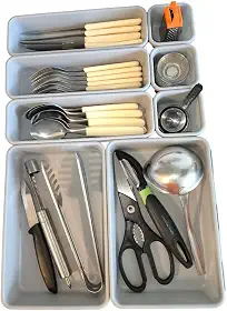 Organizador de Gaveta Modular de Plástico com 8 Divisórias - Cinza - Resistente, Ajustável, Ideal para Talheres