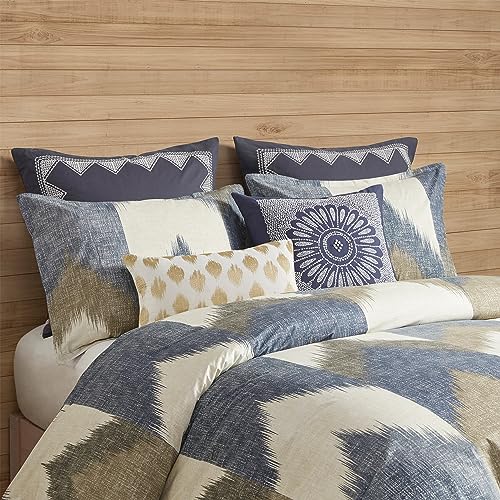 Image of Ink+Ivy Queen Size Comforter Set, Cozy Cotton Comforter, All Season, Lightweight Comforter Queen Bed Set with 2 Matching Shams, Modern Cabin Lodge Ikat Chevron Design, Navy Full /Queen 3 Piece