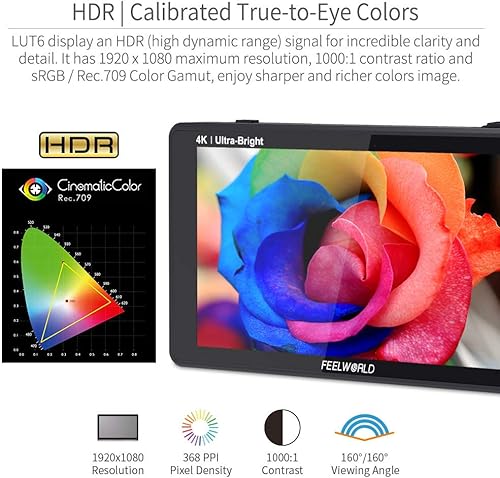 Miniatura 4 de FEELWORLD LUT6 6 pulgadas 2600nits HDR 3D LUT pantalla táctil DSLR Cámara Monitor de campo con forma de onda VectorScope histograma 4K entrada HDMI