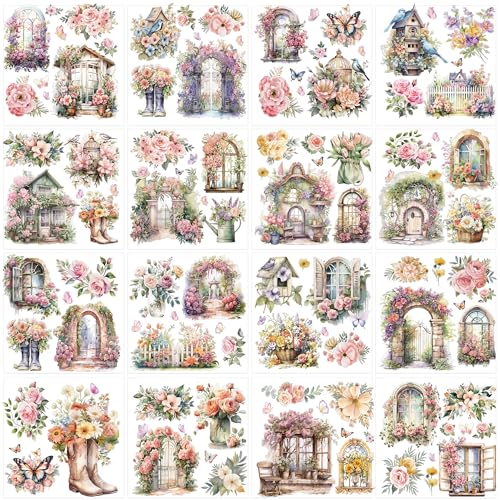Pájaros de jardín para manualidades: 16 piezas de flores de jardín secretas para muebles, calcomanías de transferencia floral rosa, manualidades para vidrio, madera, pared, decoración del hogar,