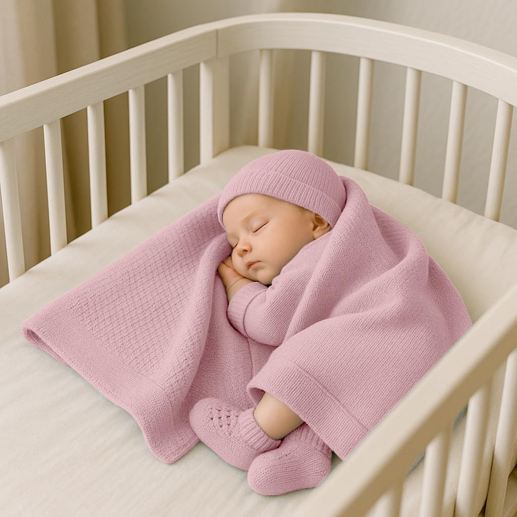 CLASSE77 Copertina in Lana Merino per Neonati con Babbucce e Cappello, Prodotto Artigianale, Made in Italy (Rosa)