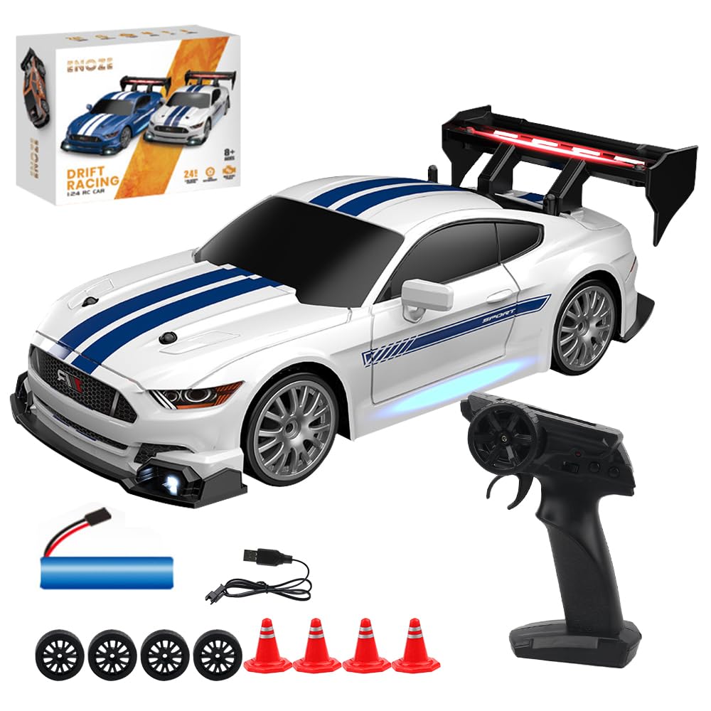 Coche teledirigido Drift Car 1:24, 30 km/h Rc Auto Drift, 2,4 GHz Mini RC Car con luces LED, con 4 neumáticos y 4 barreras, para niños (blanco)