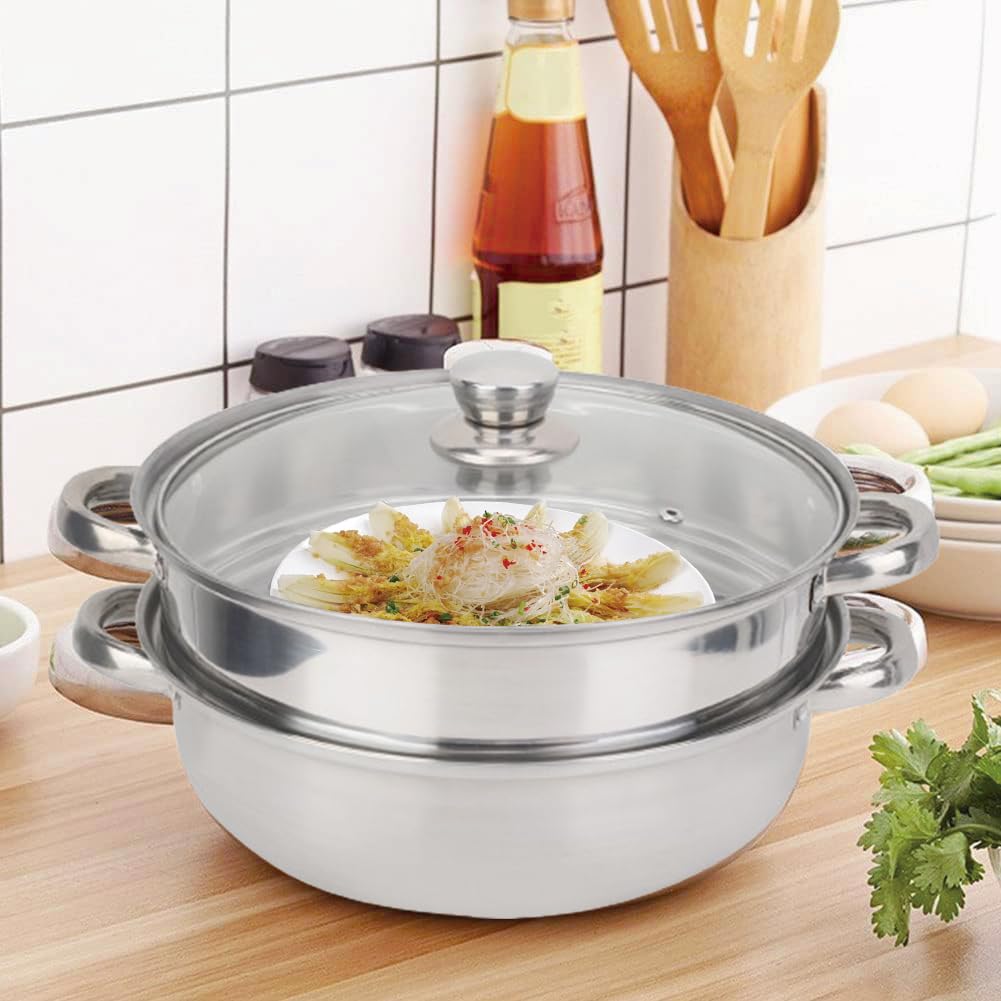 Tiiyee Steamer For Cooking, Vaporera De InduccióN Apilable Para Papas Mini Con Tapa Vidrio Cocinar Vapor Acero Inoxidable 2 Capas Olla Doble Caldera DiseñO Poroso Carne Y Ver Utensilios Cocina