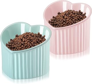 2 Pcs Ceramic Elevated Cat Bowls Tilted Elevated Raised Cat Bowls Anti Vomit Cat Bowls for Indoor Cats Stress Free Water Dish Feeder for Cats Small Dogs, Heart Shaped (Macaron Blue, Pink)