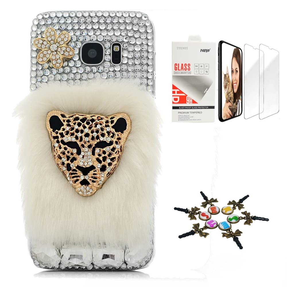 STENES Sparkle Case Compatible with Samsung Galaxy A42 5G Case - Stylish - 3D Handmade Bling Leopard Villus Flowers Design Cover Case with Screen Protector [2 Pack] - White