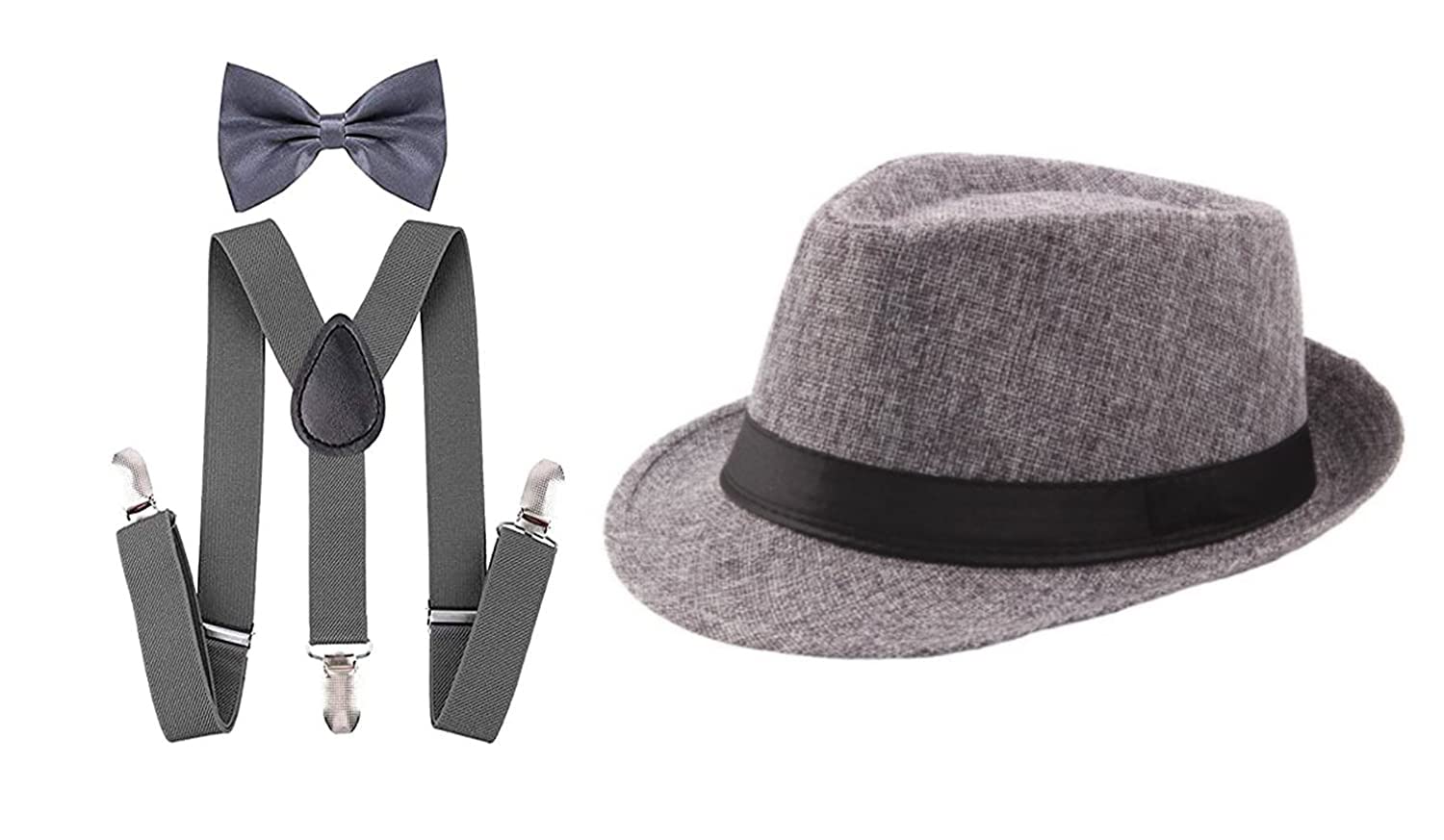 clothera Suspender and Bow Tie Set with Matched fadora Hat for Men- (Grey)-picture-17