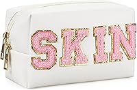 Vista 9 de Bolsa de maquillaje Gosuoa con parche preparado, bolsa de cosméticos de piel sintética con diseño de sonrisa y relámpago, bolsa de aseo portátil