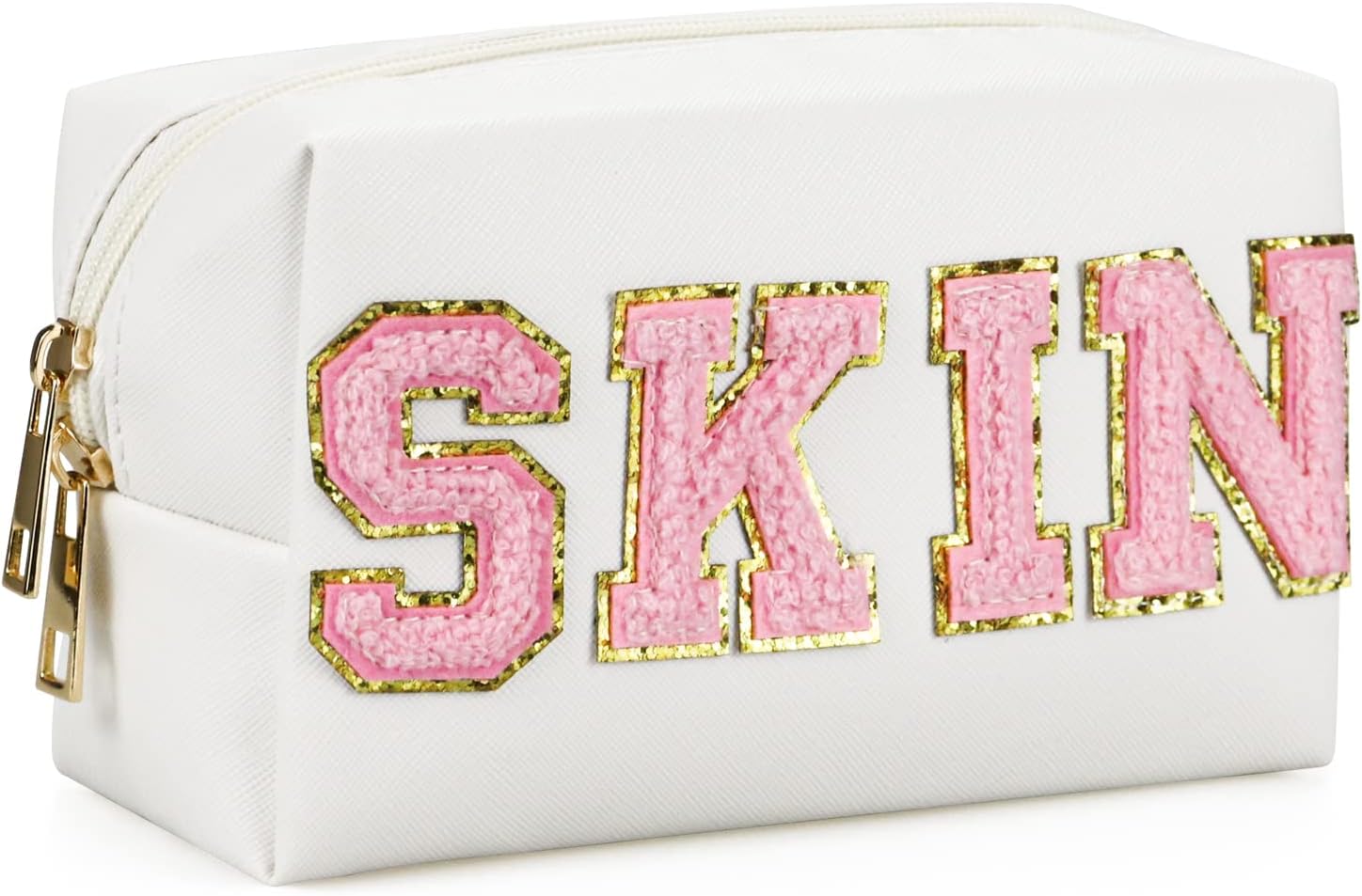 Preppy Patch Makeup Bag, Smile Lightning Heart PU Leather Portable Waterproof Preppy Cosmetic Bag, Daily Use Cute Travel Toiletry Bag for Women Girls, White, Preppy Patch