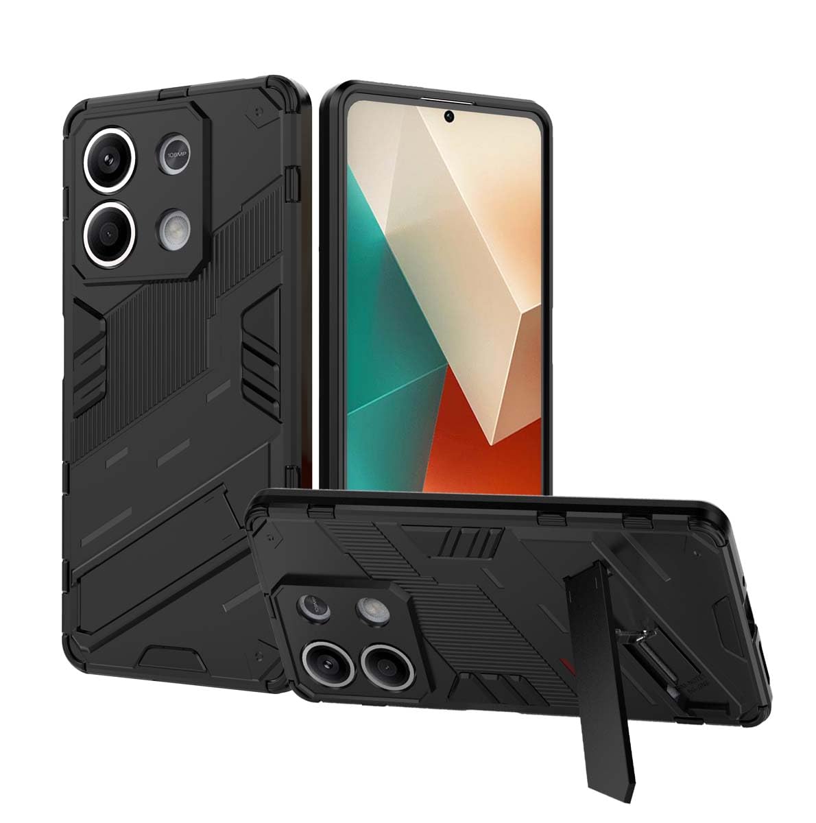 PEIYE Cover per Xiaomi Redmi Note 13 4G, Custodia Armor Antiurto con Silicone Morbido e Bumper in PC Rigido, Protezione Antiscivolo con Supporto Pieghevole, Case, Nero