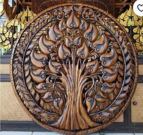 Aafiyat Wood Panel 36x36 Inch Carved Wooden Tree Bodhi Tree of Life Lotus Flower Wooden Large Wood Wall Hanging Art Panels Wall Decor (Color brown)-image-0