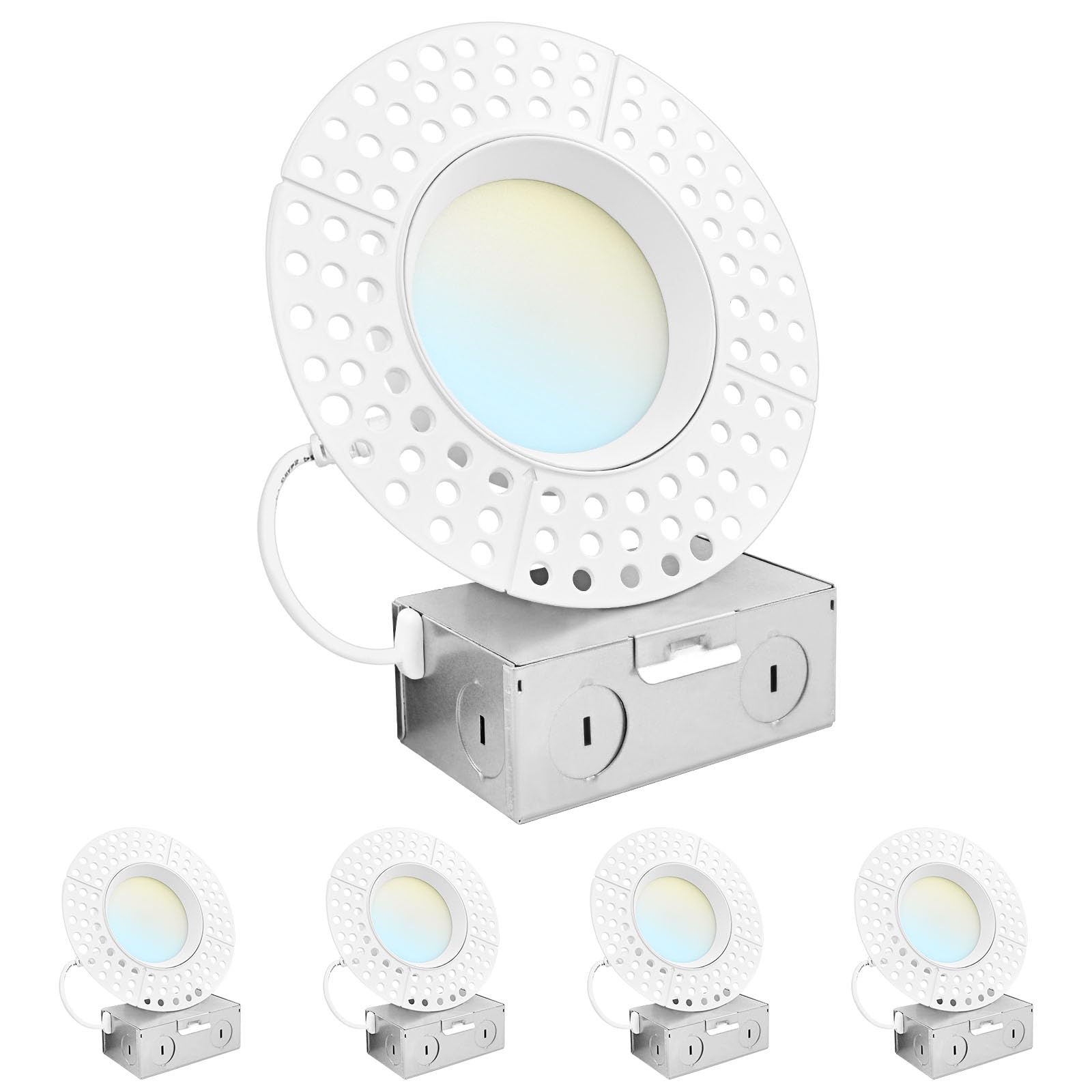 LUXRITE 4 Inch Trimless LED Recessed Lights with Junction Box, 5CCT Selectable 2700K-5000K, 15W, 1200LM, Dimmable, Wet & IC Rated, Canless Downlight, ETL Listed, New Construction and Remodel (4 Pack)
