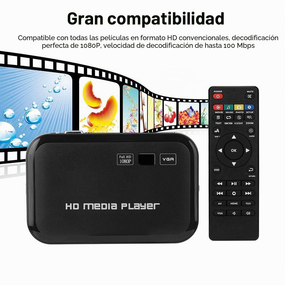 Reproductor multimedia HD, puertos HDMI Reproductor digital portátil 1080P reproducción de video y fotos con unidad USB/tarjetas SD/dispositivos externos, salida HDMI/AV/VGA(Enchufe de la UE)