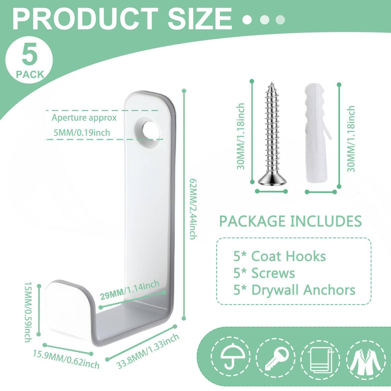 Gerhannery Kleiderhaken Set - 5 Stück Wandhaken Weiß Metall