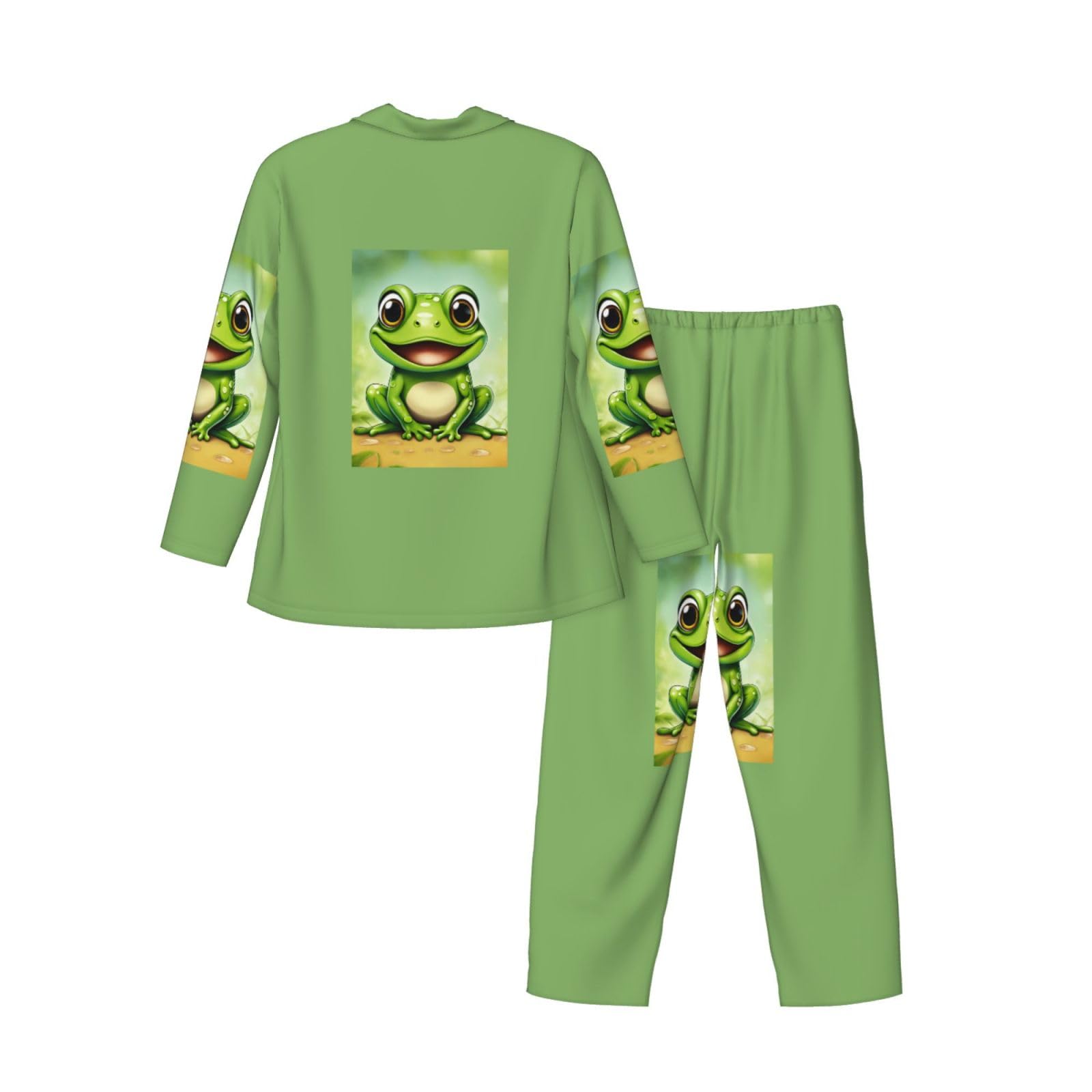 Herren-Pyjama-Set mit grünem Froschdruck, langärmelig, zweiteilig, Hauskleidung, bequeme Nachtwäsche