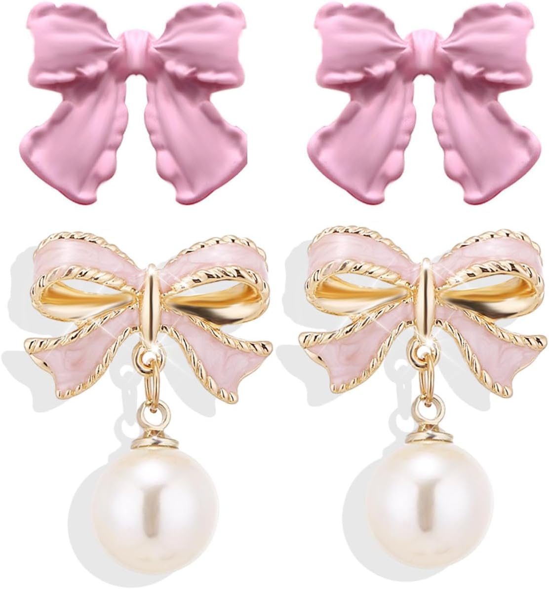 Gold Bow Earrings Pink Small Classic Bow Stud Earrings for Women Dainty Pearl Bow Dangle Earrings Hypoallergenic Gold Earrings Christmas Bow Earring for Women