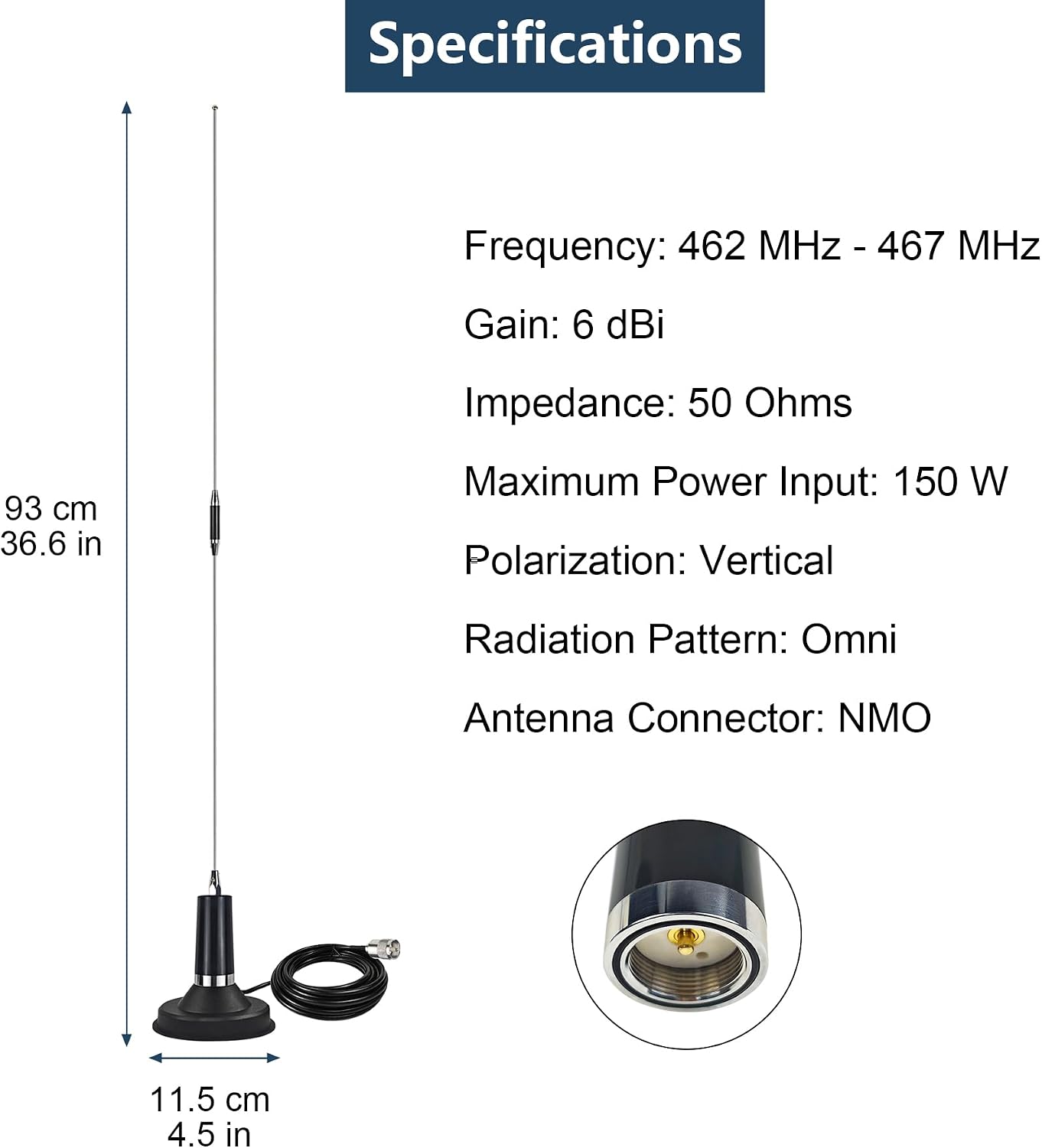 GMRS UHF NMO Mount Antenna Set 462-467MHz Whip Low-Profile Pretuned External Antenna w/Magnetic Base & 13ft Cable for GMRS Mobile Two Way Radios Repeater Transceiver