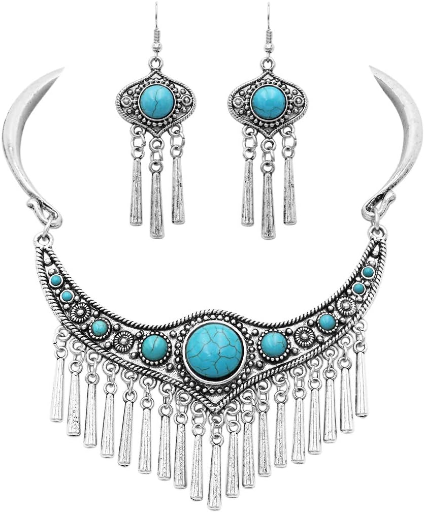 Rosemarie & Jubalee Women's Western Style Statement Silver Tone Metal Fringe Natural Howlite Stone Collar Necklace Earrings Set, 11"+2" Extension