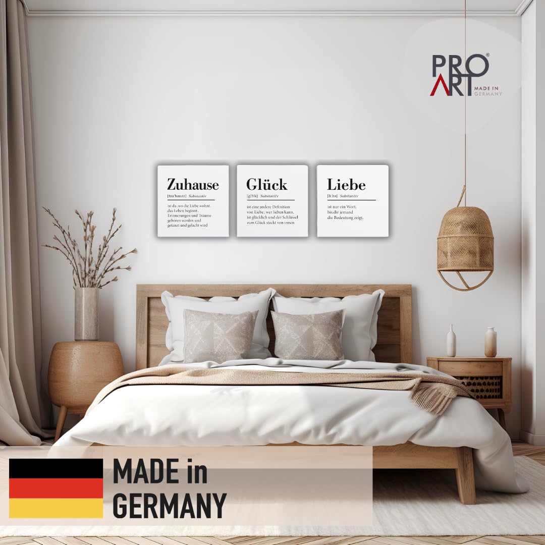 Pro-Art Leinwand 3er Set Bilder Zuhause Glück Liebe quadratisch 27x27 cm Bild Wohnzimmer Bild modern Deko Küche Wandbilder Schlafzimmer