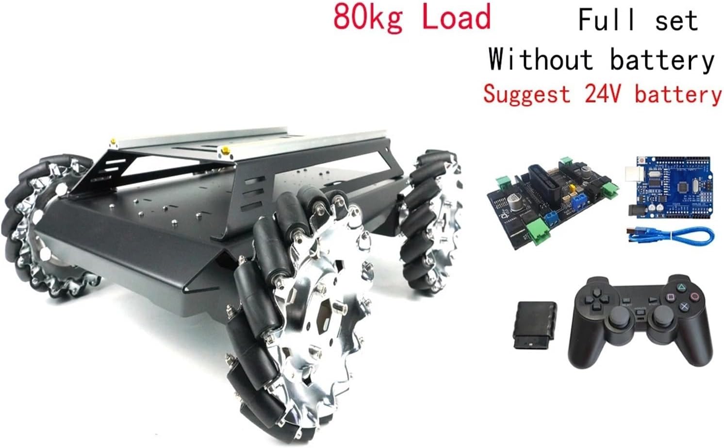 80kg Load Heavy Duty Metal Car Chassis 152mm Mecanum Wheel Trolley Omnidirectional V5Max Mobile Robot for Arduino DIY Kit(for UNO Full Set)