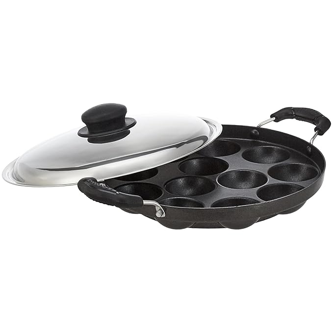 Solimo Aluminium Non-Stick Appam Patra - 12 Cavities 22.8 cms | 2 Side Handles with Stainless Steel Lid | 2-Layered PFOA, PFOS and Toxin-Free Coating | Appam Pan | Litti Maker (Black)