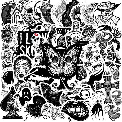 Black White Gothic Stickers for Laptop(50 PCS),Gift for Children Teens Adults Boys, Waterproof Stickers for Water Bottle,Punk Gothic Skull Vinyl Stickers for Journal,Dairy,Scrapbook,Skateboard