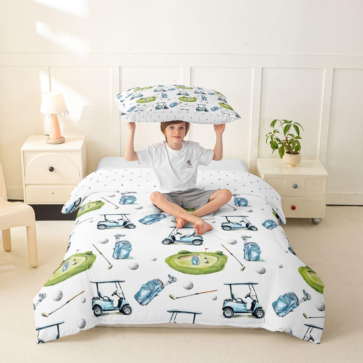 Feelyou Golf Duvet Cover Toddler Size Golfl Gaming Comforter Cover for Boys Girls Ball Game Bedding Set 2Pcs Sports Game Room Decor White Blue No Comforter Breathable Soft Lightweight Microfiber