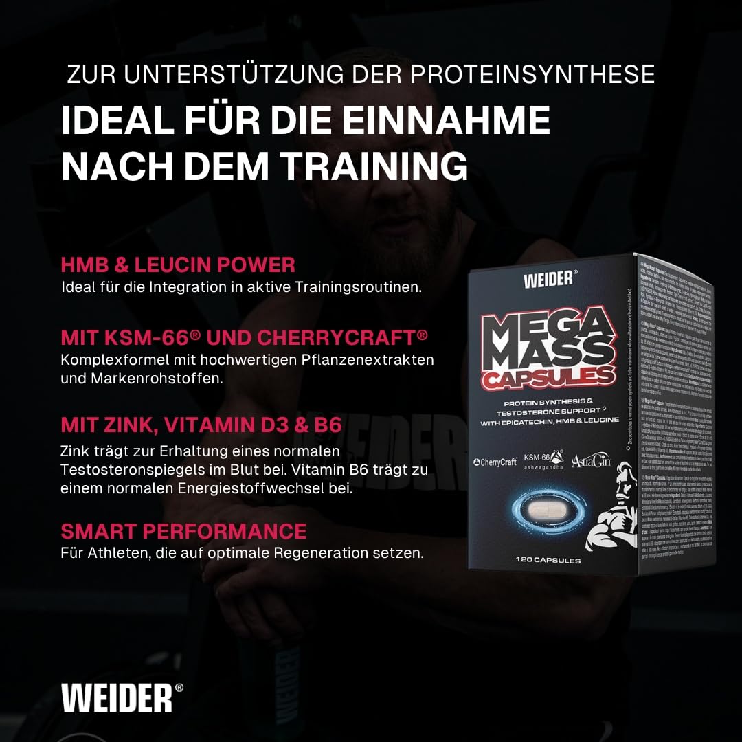 Weider - Mega Mass Caps - Synergetische Nährstoffkombination - Unterstützung von normaler Proteinsynthese und Muskelfunktion - After Workout - Mit Zink und Vitamin D - 120 Kapseln