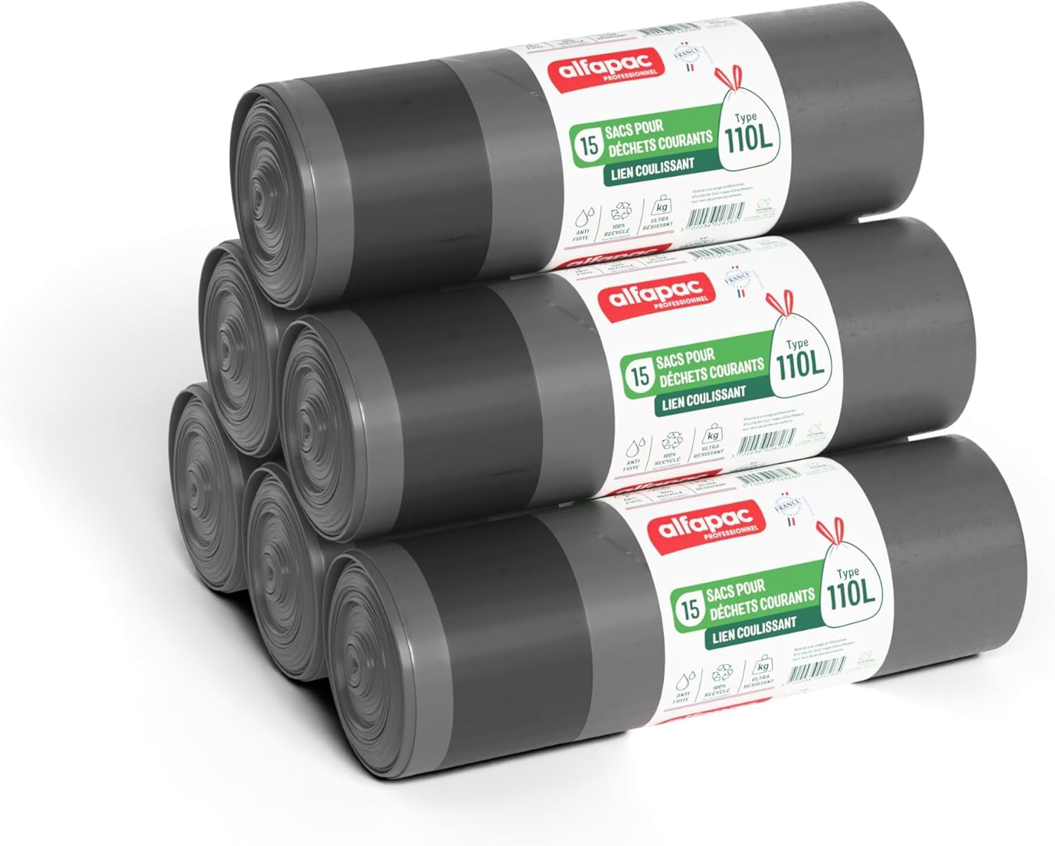 alfapac professionnel - Carton de 180 sacs-poubelle à lien - 110L | Ultra résistant - Etanche - 12 rouleaux de 15 sacs - Pour déchets courants